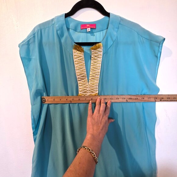 Elaine Turner Silk Shift Dress Small Embroider Fringe Turquoise Blue Resort Boho - Picture 8 of 9